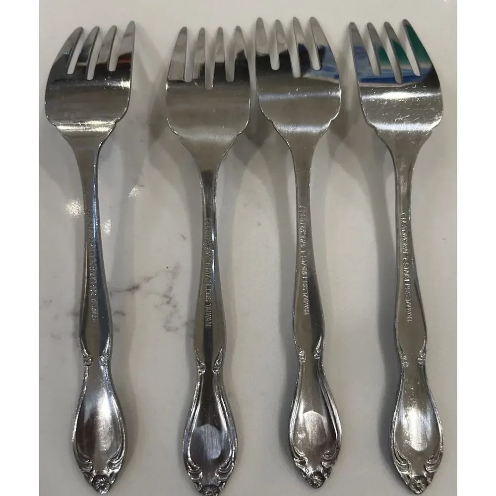 Vtg‎ Set of 4 Salad Forks “T” Monogram Custom Made Floral Stainless Flatware